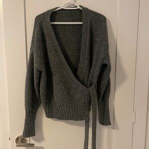 Gray Cardigan Sweater with Wrap Style and Long Sleeves